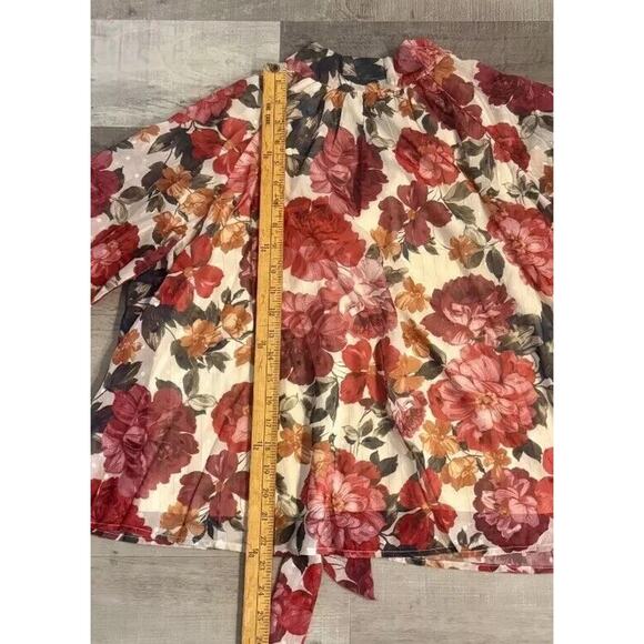 AURA Blouse Top Women Medium Multi Floral Pleated Mock Neck Tie Back Long Sleeve - Picture 4 of 6